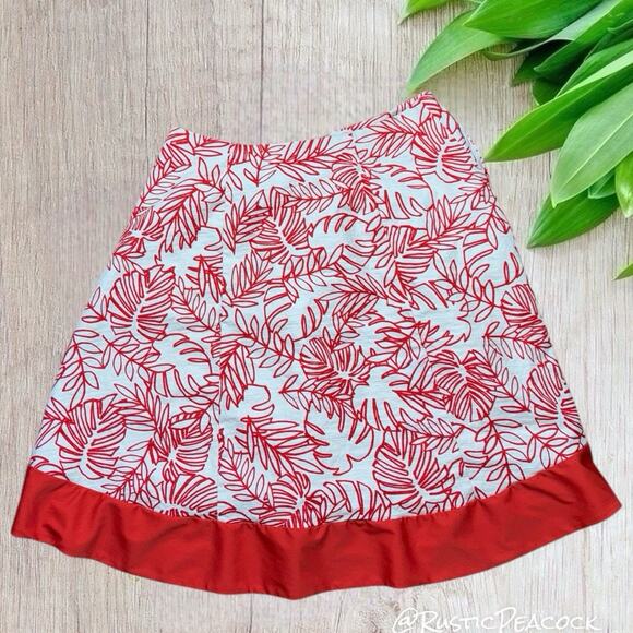 Lane Bryant Skirt Women's 18 Red White Linen Blend Tropical Artsy Leaves Zip Up - Picture 2 of 6